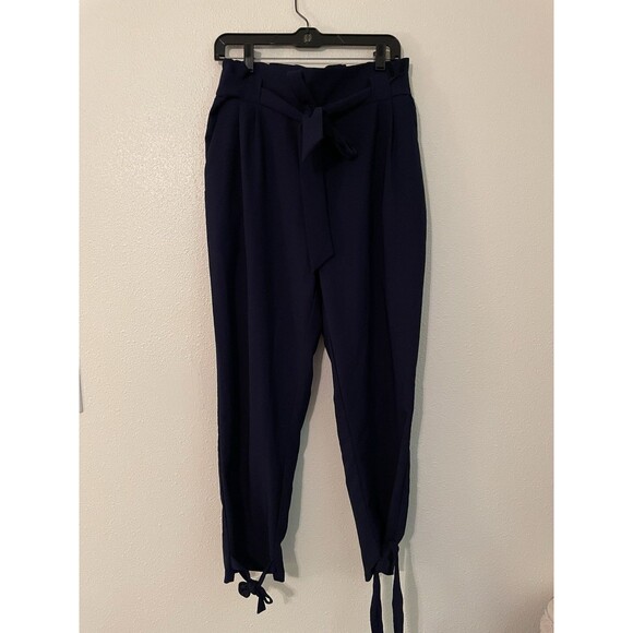 Grace Karin Navy Blue High Rise Paperbag Skinny Cropped Belted Pants Sz XL - Picture 1 of 5